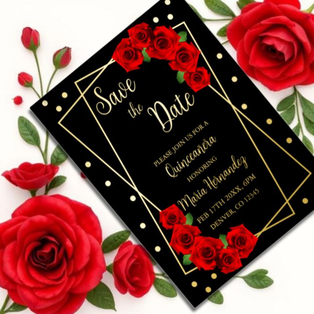 Red Rose Black and Gold Quinceañera Save The Date Foil Invitation Postcard (Creator Uploaded)
