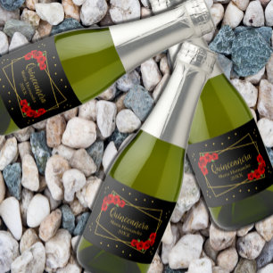 Red Rose Black and Gold Quinceañera Sparkling Wine Label