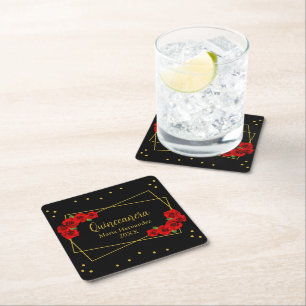 Red Rose Black and Gold Quinceañera Square Paper Coaster