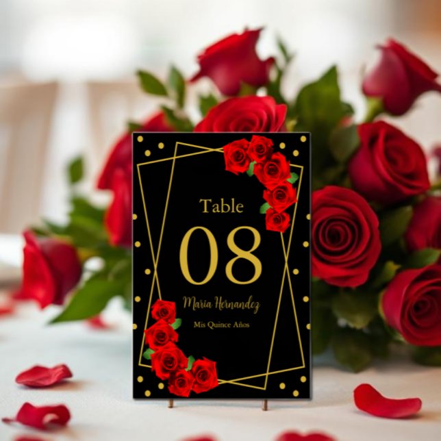 Red Rose Black and Gold Quinceañera Table Number (Creator Uploaded)