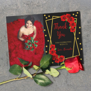 Red Rose Black and Gold Quinceañera Thank You Card