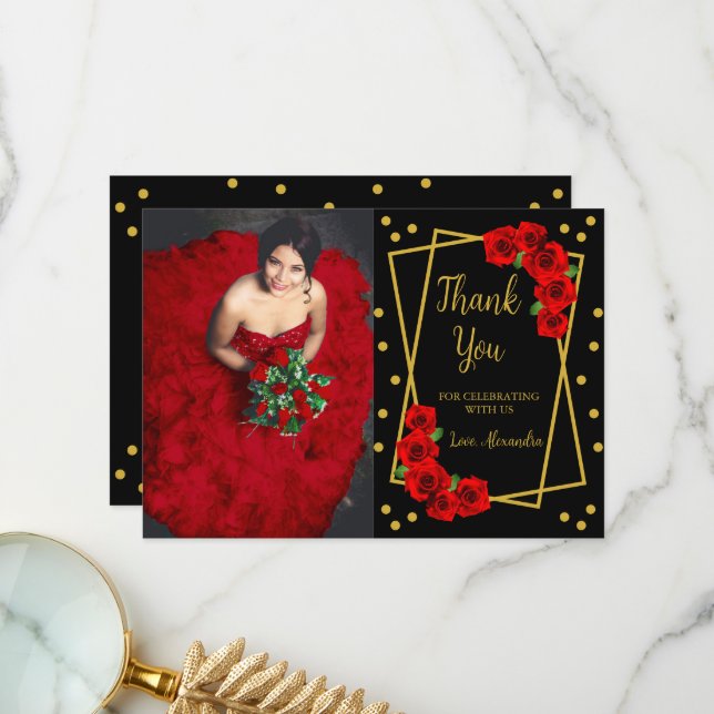 Red Rose Black and Gold Quinceañera Thank You Card (Front/Back In Situ)