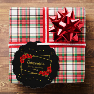 Red Rose Black and Gold Quinceañera Tree Decoration Card