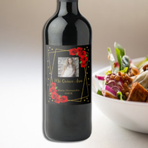 Red Rose Black and Gold Quinceañera Wine Label