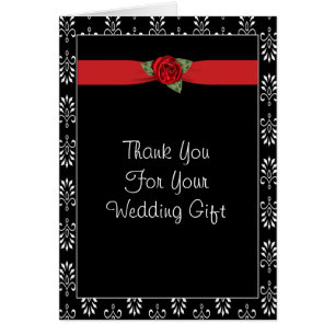 Red Rose Black Damask Wedding Thank You Notes