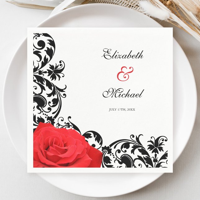 Red Rose Black Flourish Personalised Wedding Napkin (Creator Uploaded)