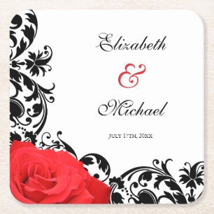 Red Rose Black Flourish Personalised Wedding Square Paper Coaster