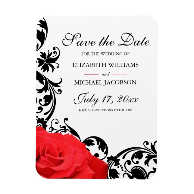 Red Rose Black Flourish Wedding Save the Date Magnet (Vertical)