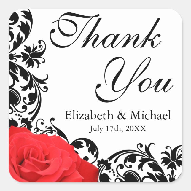 Red Rose Black Flourish Wedding Thank You Square Sticker (Front)