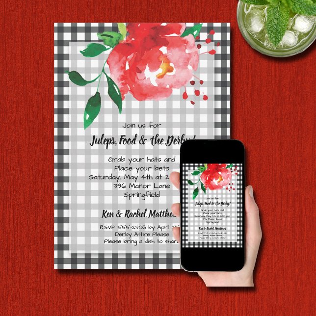 Red Rose Black Gingham Derby Party Invitation (INSTANT DOWNLOAD and/or PRINTED red rose on gingham Derby party invitations )