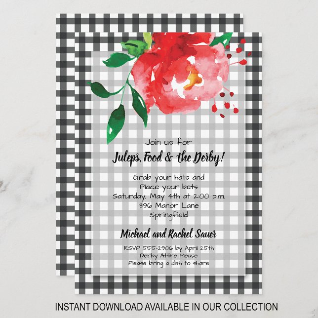 Red Rose Black Gingham Derby Party Invitations (INSTANT DOWNLOAD available in our collection to send your invitations digitally.)
