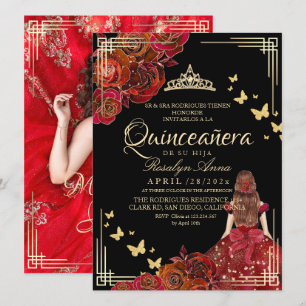 Red Rose Black Gold Butterfly Quinceañera Invitation