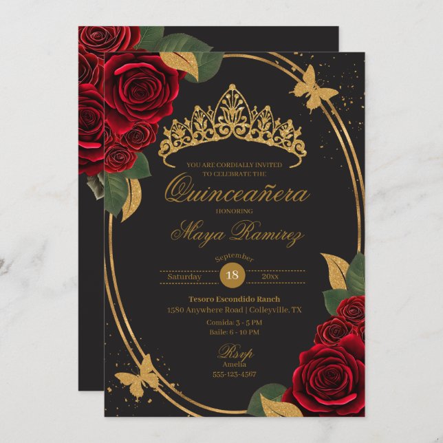 Red Rose Black Gold Glitter Butterfly Quinceañera  Invitation (Front/Back)