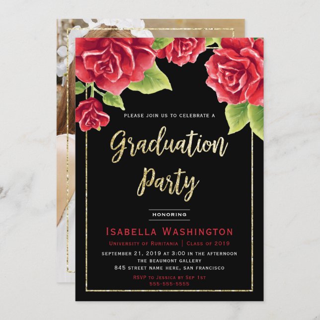 Red Rose Black Gold Glitter Photo Graduation Party Invitation (Front/Back)