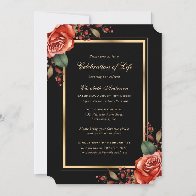 Red Rose Black Gold Photo Celebration of Life Invitation (Front)