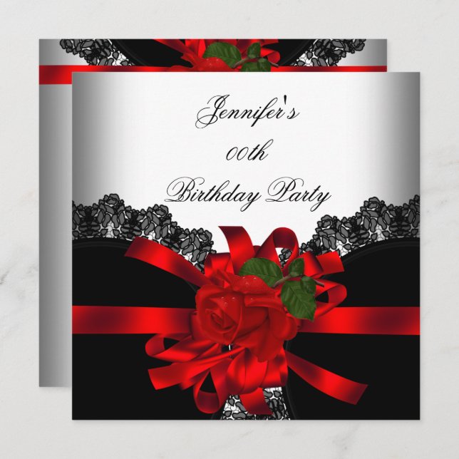 Red Rose Black Lace White Silver Party Invitation (Front/Back)