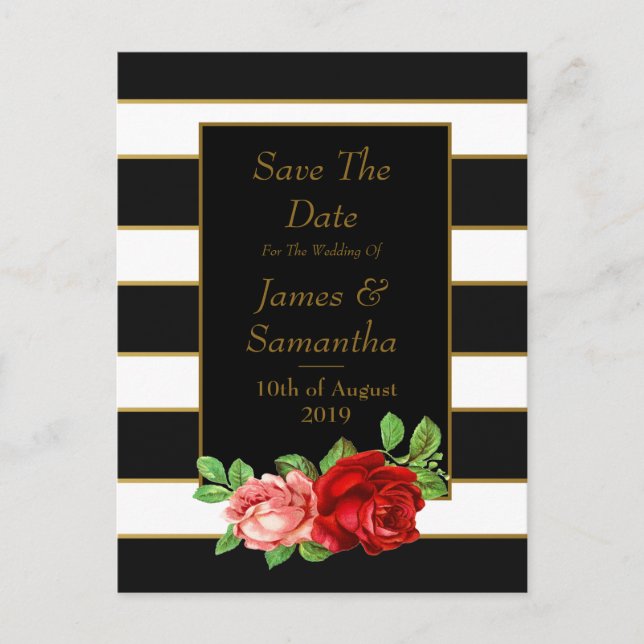 Red Rose, Black, White & Gold Stripe - Announcement Postcard (Front)