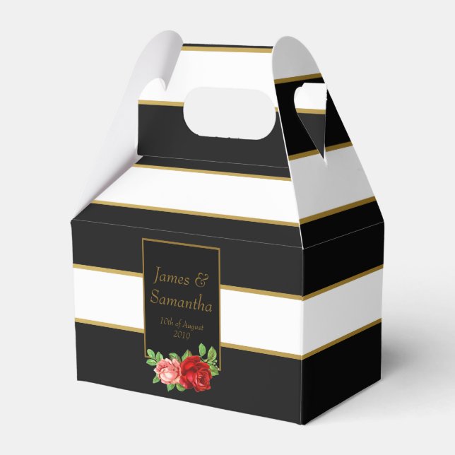 Red Rose, Black, White & Gold Stripe - Favour Box (Front Side)