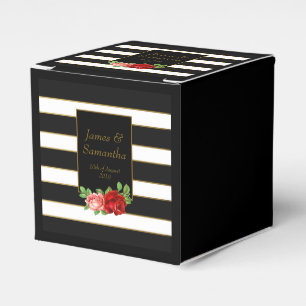 Red Rose, Black, White & Gold Stripe - Favour Box