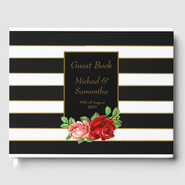 Red Rose, Black, White & Gold Stripe - Guest Book (Front)