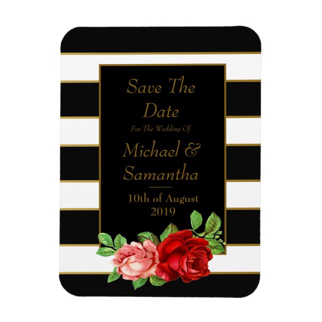 Red Rose, Black, White & Gold Stripe - Magnet (Vertical)