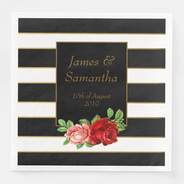 Red Rose, Black, White & Gold Stripe - Napkin (Front)