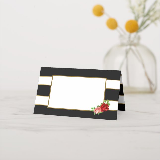 Red Rose, Black, White & Gold Stripe - Place Card (Front)