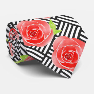 Red Rose Black White Stripes Derby Tie