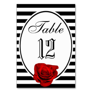 Red Rose Black & White Stripes Wedding Table Card
