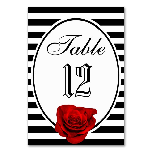 Red Rose Black & White Stripes Wedding Table Card (Front)