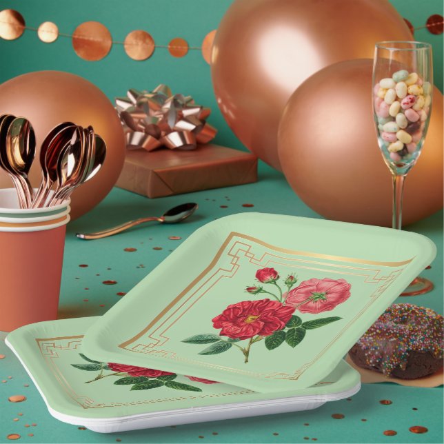 Red Rose Blossoms Paper Plate (Multi)