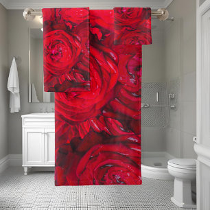 Red rose blossoms with dewdrops - photography bath towel set
