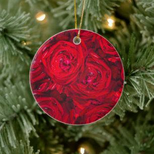 Red rose blossoms with dewdrops - photography ceramic ornament