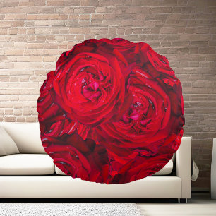 Red rose blossoms with dewdrops - photography round cushion