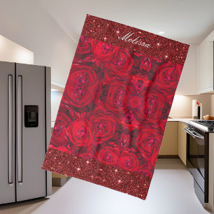 Red rose blossoms with dewdrops - photography tea towel