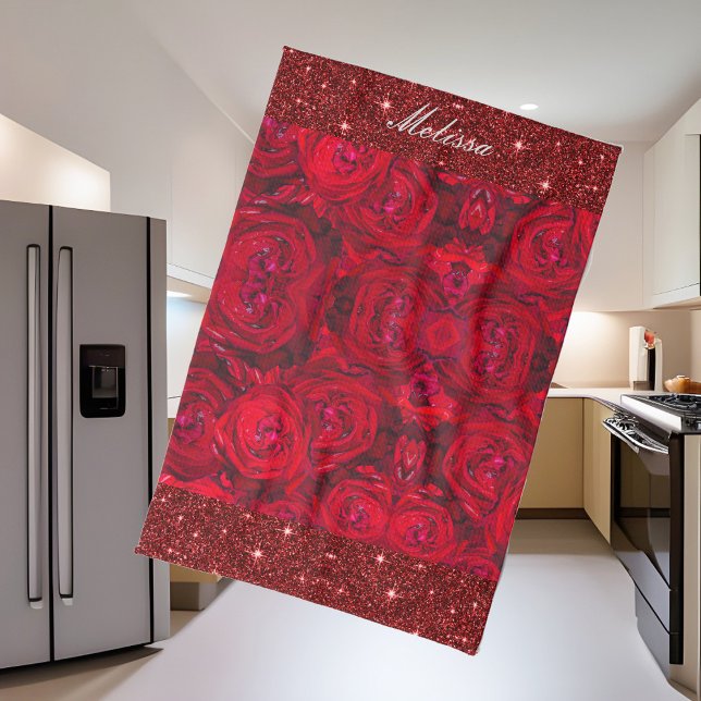 Red rose blossoms with dewdrops - photography tea towel (Creator Uploaded)