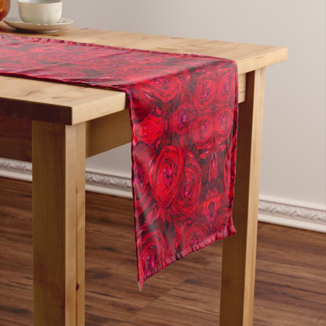 Red rose blossoms with dewdrops - photograpy short table runner (In Situ)