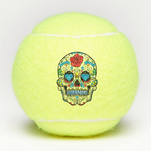Red Rose & Blue Diamonds Sugar Skull Tennis Balls (Front)