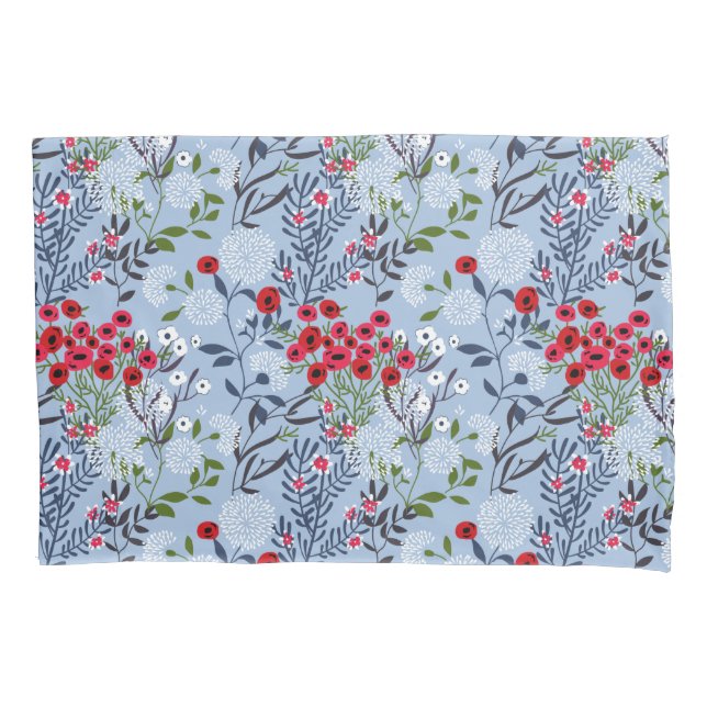 Red Rose Blue White Blossom Pillowcase (Front)