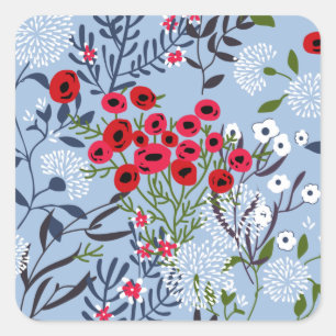 Red Rose Blue White Blossom Square Sticker