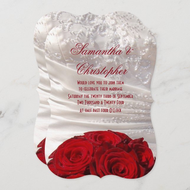 Red rose bouquet and dress wedding invitation (Front/Back)