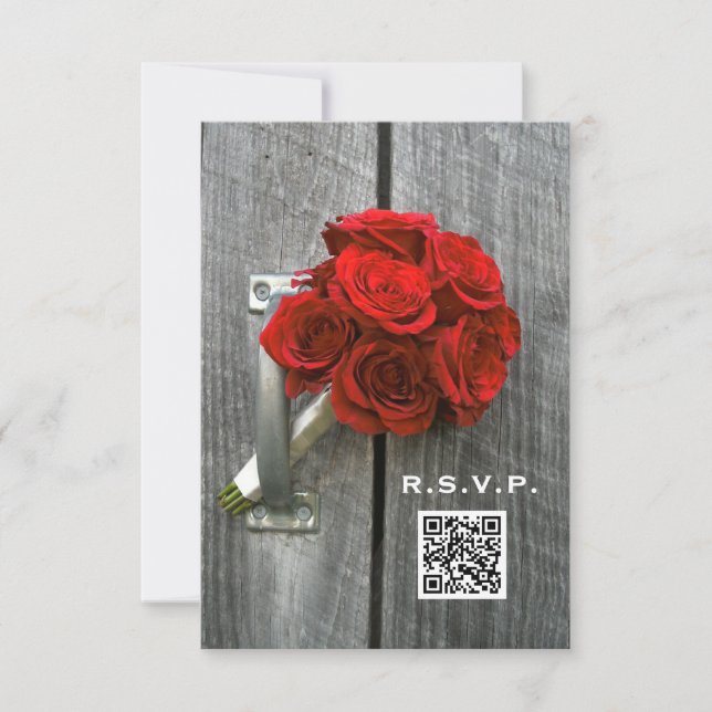Red Rose Bouquet & Barn Wood Wedding QR Code RSVP Card (Front)