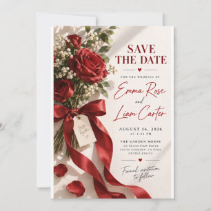 Red Rose Bouquet Satin Ribbon Save the Date Invitation
