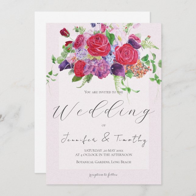 red rose bouquet watercolour  wedding invitation 2 (Front/Back)