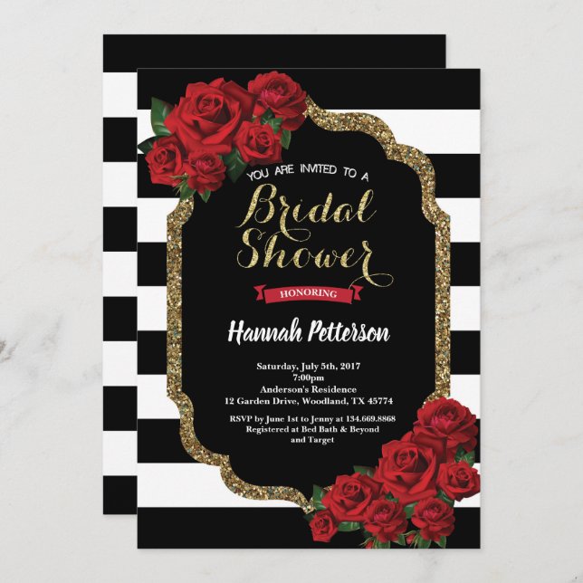 Red rose bridal shower invitation black and gold (Front/Back)