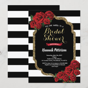 Red rose bridal shower invitation black and gold