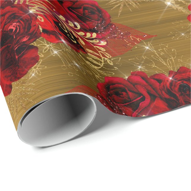 Red Rose Bunch Sparky  Floral Glitter Gold Metall Wrapping Paper (Roll Corner)