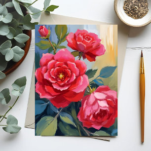 Red Rose Bush   Watercolor Floral Painting Postcard