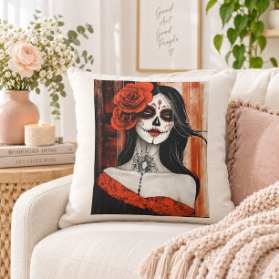 Red Rose Catrina Woman Gothic Folk Art Design Cushion