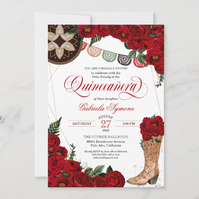 Red Rose Charra Cowgirl Boots Western Quinceañera  Invitation (Front)